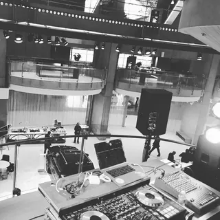 Black-and-white view from the DJ booth